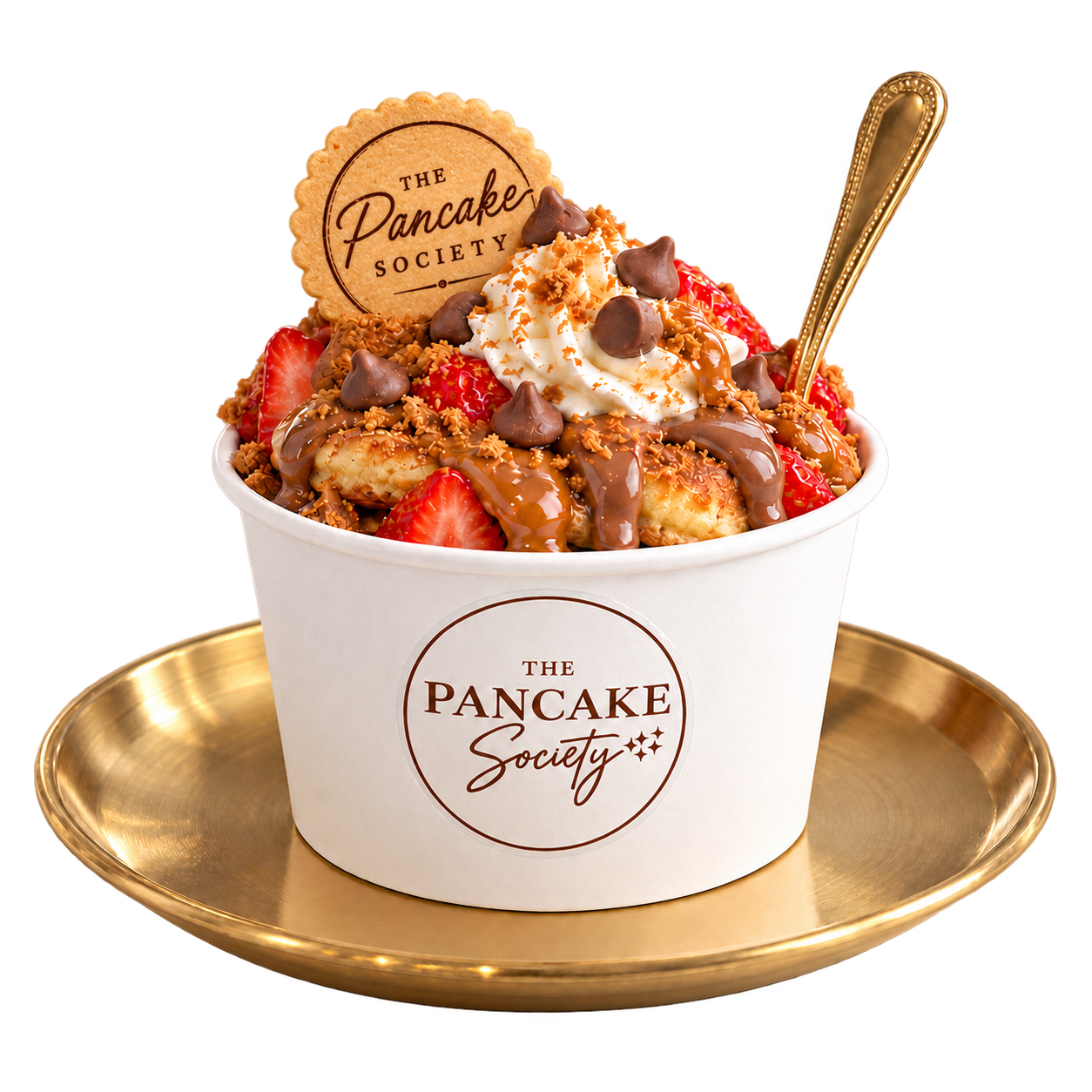 Mini pancake sundae with a branded wafer on a round gold serving tray